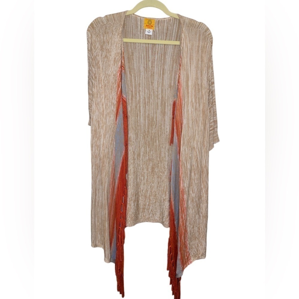 Ruby Road Open Duster/Caftan Size 1X Tan/Blue/Red w/Fringe Short Sleeve